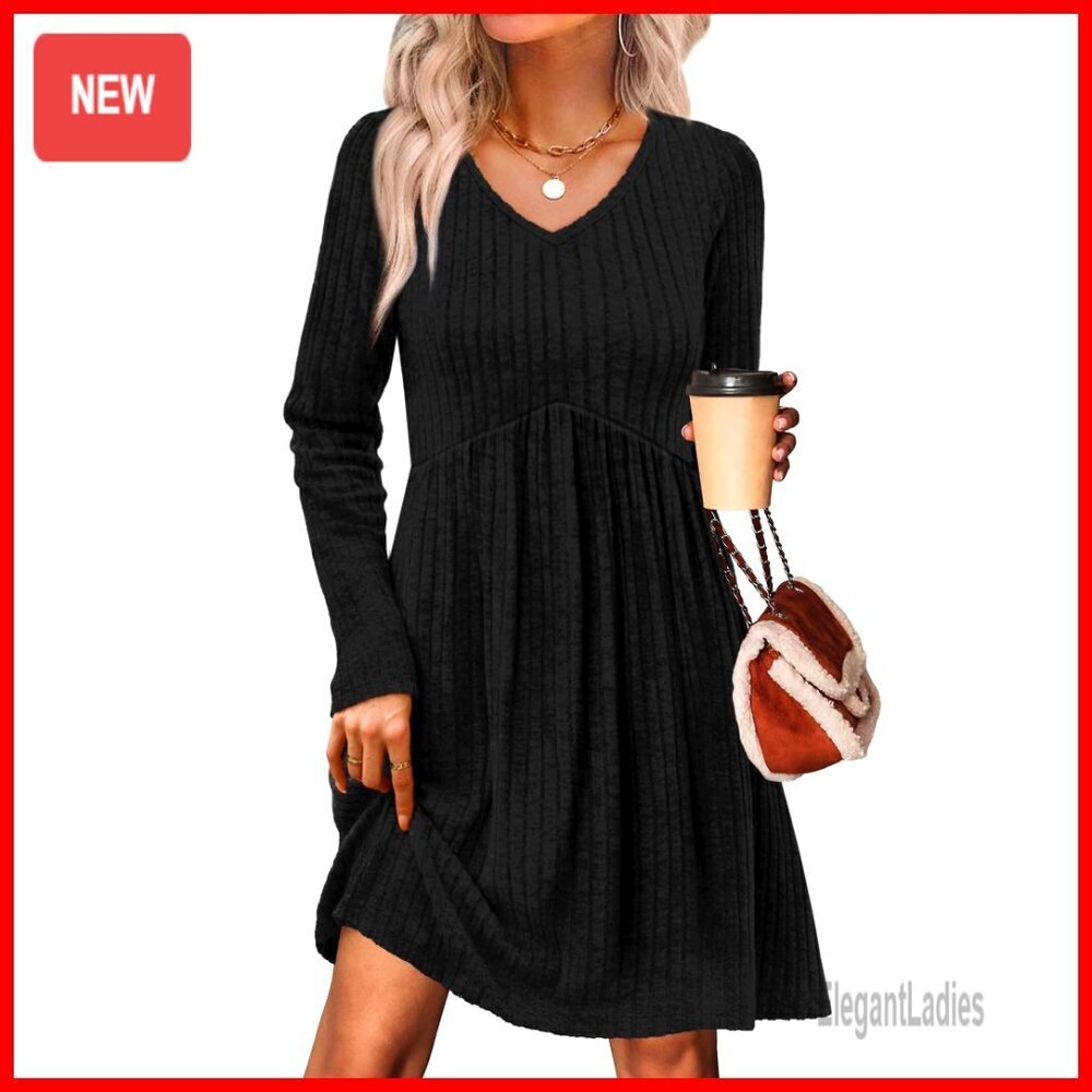Long Sleeve V Neck Empire Waist Baby Doll Sweater Dress with Pockets